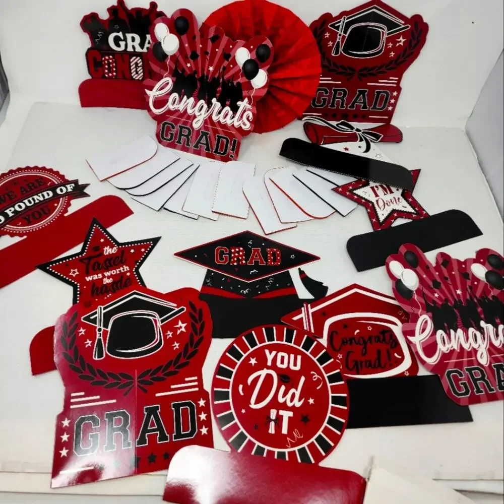 Graduation 12 pc Table‎ Toppers Guys Girls Red Black Grad Party Decoration New